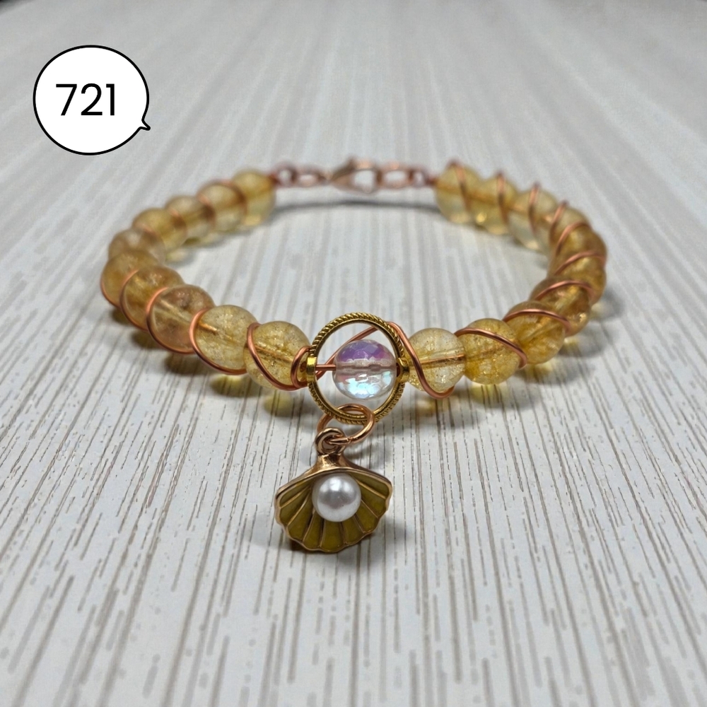 Handmade Citrine Beaded Bracelet with Shell & Pearl Charm | Copper Wire Jewelry
